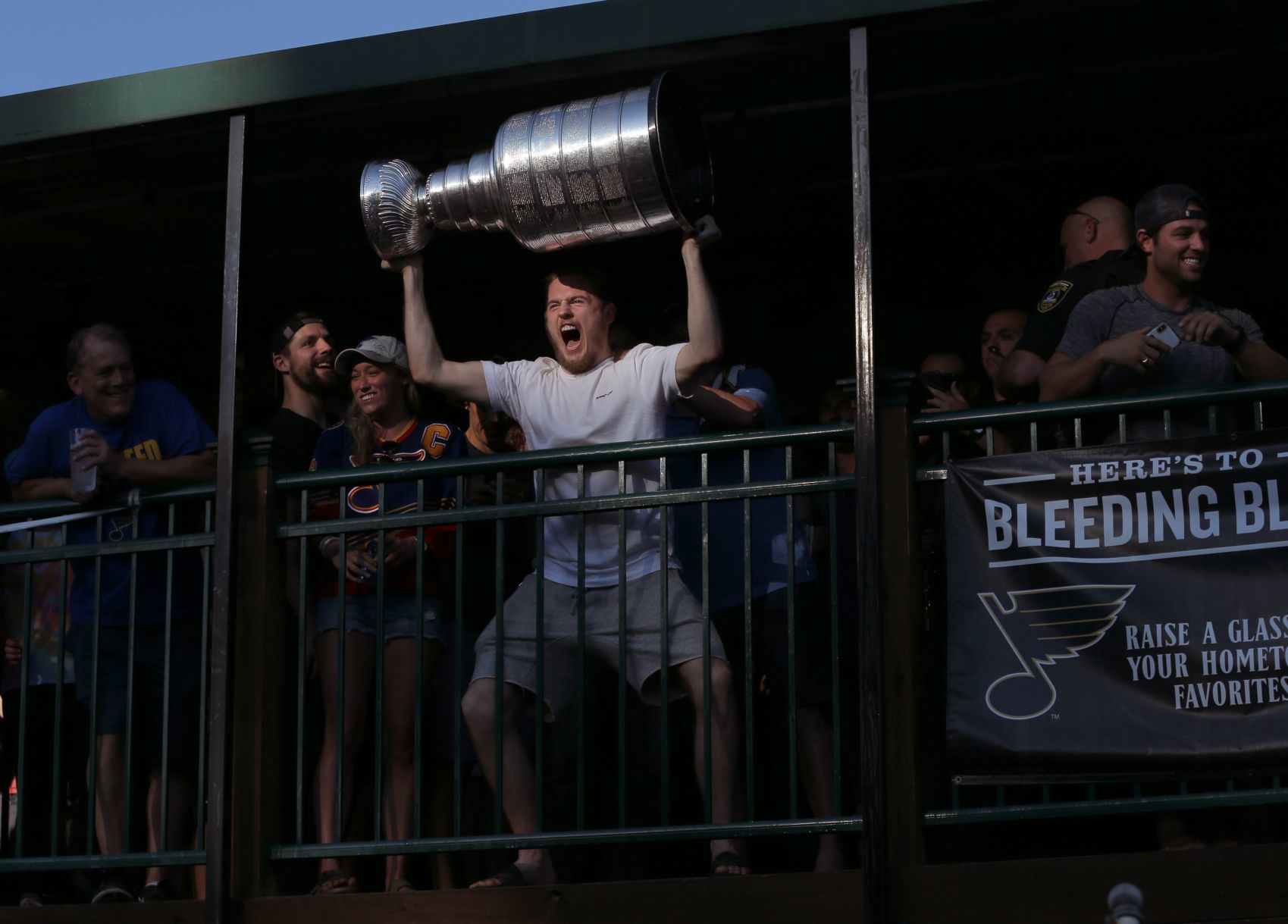 Blues celebrate at O.B. Clark's as fans celebrate with them